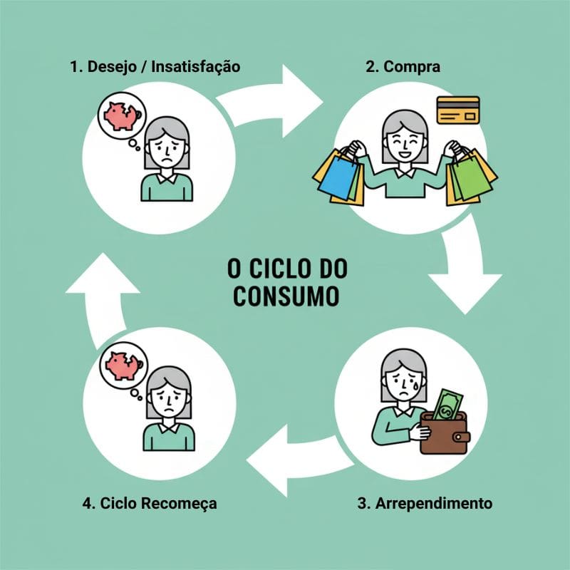 Infográfico do Ciclo do Consumo em 4 etapas: Desejo, Compra, Arrependimento e Ciclo Recomeça, com ícones de uma pessoa.