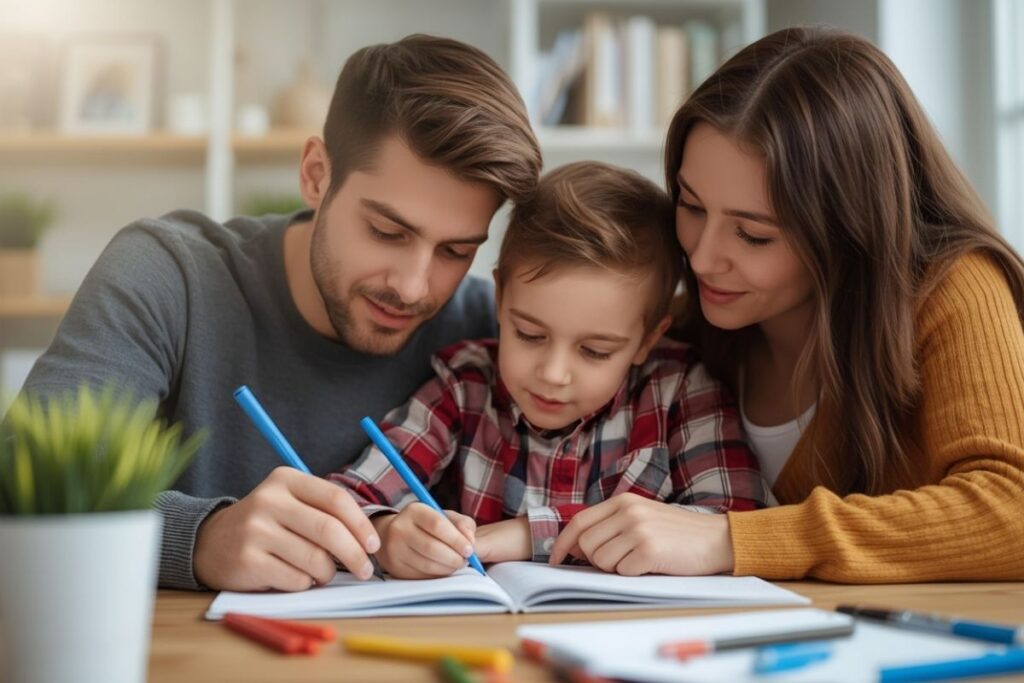 Casal com filho pequeno escreve em caderno na mesa da sala, concentrados e serenos, organizando tarefas familiares e metas de planejamento financeiro.
