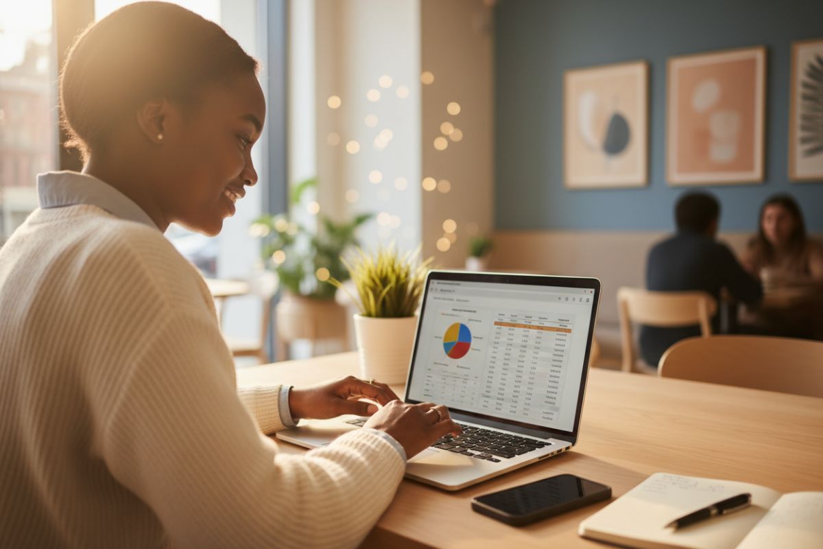 Jovem sorrindo enquanto organiza orçamento pessoal no computador usando a regra 50/30/20 com aplicativos financeiros e planilhas