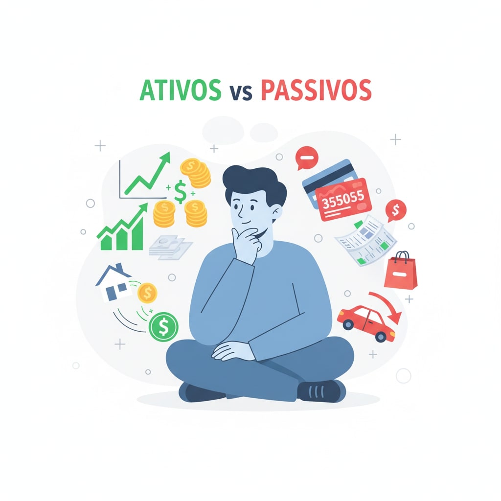 Pessoa sentada pensando, com ícones ao redor representando ativos financeiros em verde, como gráficos de crescimento, moedas e casa, e passivos financeiros em vermelho, como cartão de crédito, faturas, compras e carro, ilustrando a diferença entre ativos e passivos.