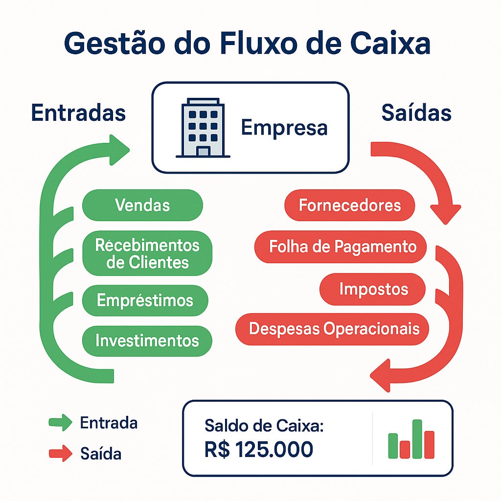Infográfico de fluxo de caixa para pequenos negócios, mostrando entradas (vendas, recebimentos, investimentos) em verde e saídas (fornecedores, folha de pagamento, impostos, despesas) em vermelho, ilustrando o controle financeiro empresarial e a gestão de caixa.