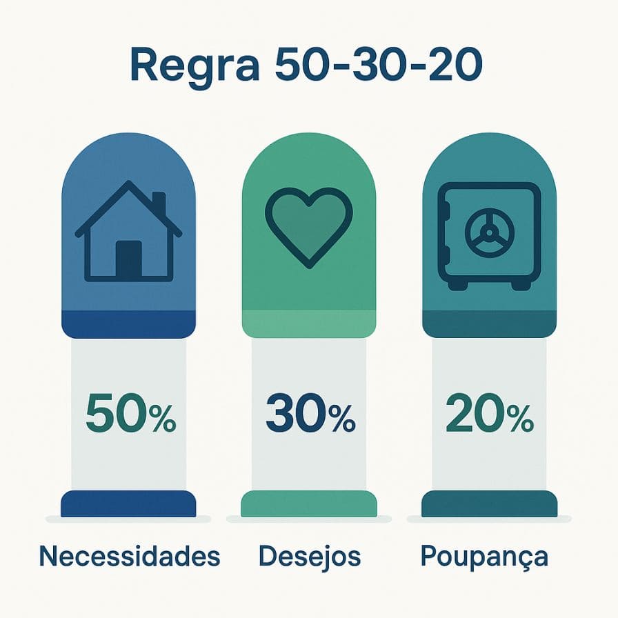 Infográfico da regra 50-30-20 mostrando divisão do orçamento: 50% necessidades, 30% desejos e 20% poupança