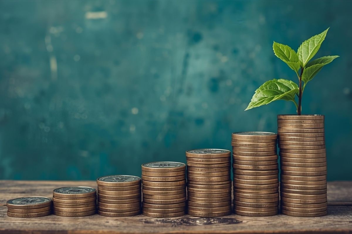 Pilhas de moedas alinhadas e crescentes sobre uma mesa de madeira, terminando em uma pilha mais alta de onde brota uma pequena planta verde, sugerindo crescimento de patrimônio e bons resultados de planejamento financeiro.