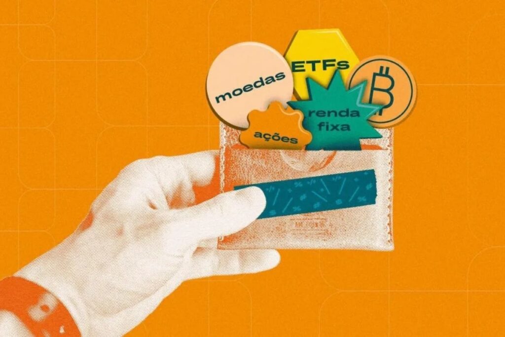 Ilustração representando a diversificação de investimentos como estratégia de proteção financeira, com diferentes ativos distribuídos em uma carteira, simbolizando como o FGC e a diversificação ajudam a reduzir riscos e proteger o patrimônio do investidor.