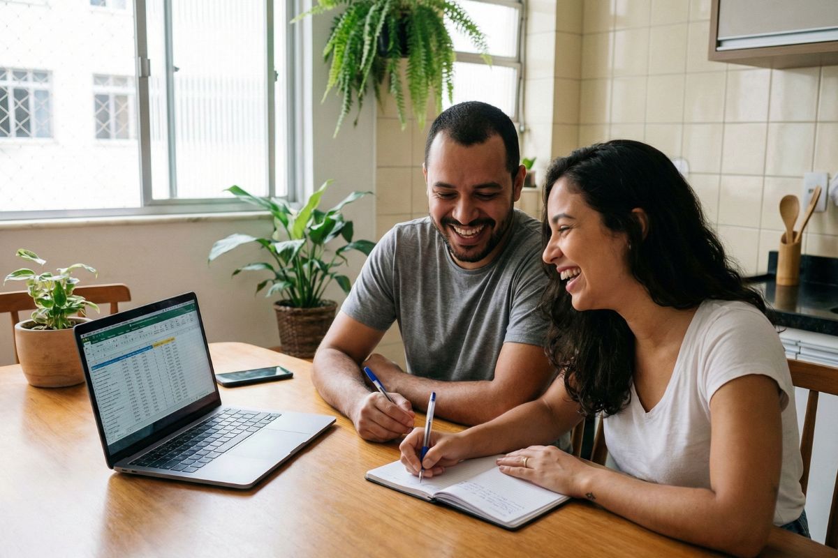 Casal brasileiro de cerca de 30 anos sentado à mesa de jantar de madeira, sorrindo e conversando enquanto planeja as finanças. Eles olham para um notebook aberto e fazem anotações em um caderno. O ambiente é uma cozinha residencial iluminada com luz natural, plantas verdes e azulejos claros ao fundo, transmitindo um clima de colaboração tranquila.
