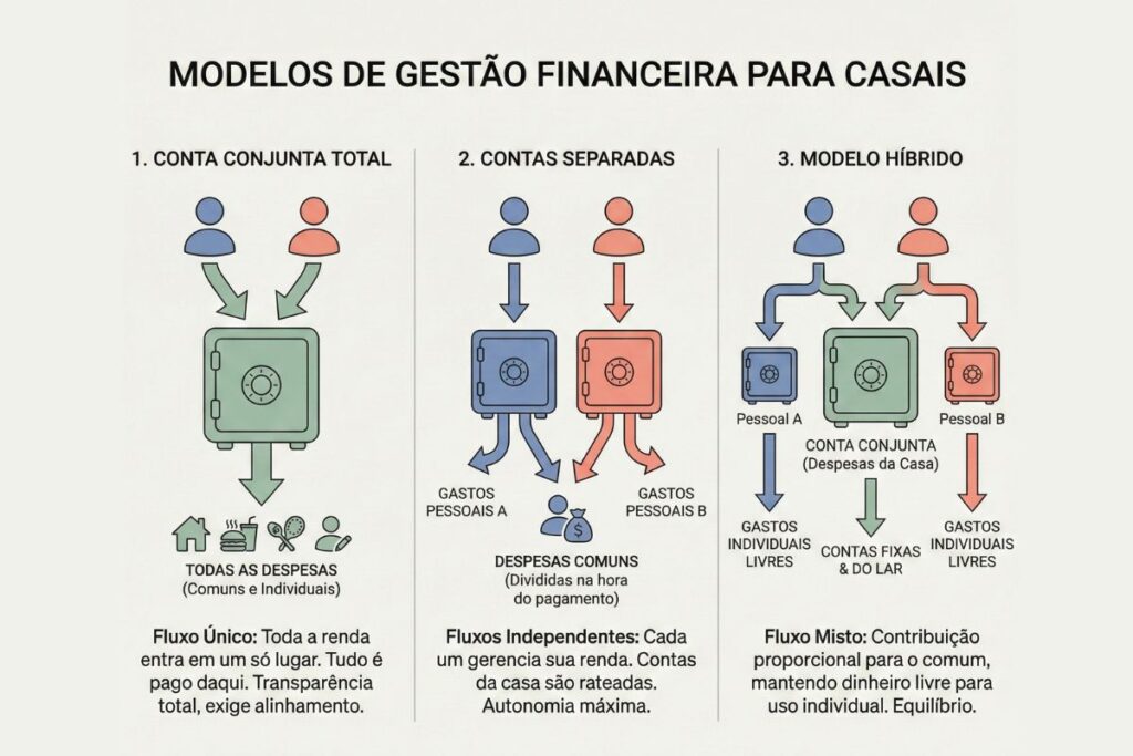 Infográfico explicativo com o título 'MODELOS DE GESTÃO FINANCEIRA PARA CASAIS', dividido em três colunas verticais com ícones e setas de fluxo. A coluna da esquerda detalha o modelo '1. CONTA CONJUNTA TOTAL', mostrando rendas unificadas em um cofre central para todas as despesas. A coluna central ilustra '2. CONTAS SEPARADAS', com dois cofres individuais onde despesas comuns são rateadas e gastos pessoais são independentes. A coluna da direita apresenta '3. MODELO HÍBRIDO', com um cofre central para contas da casa e dois cofres menores para gastos individuais livres. Textos abaixo de cada modelo explicam os fluxos e características principais.