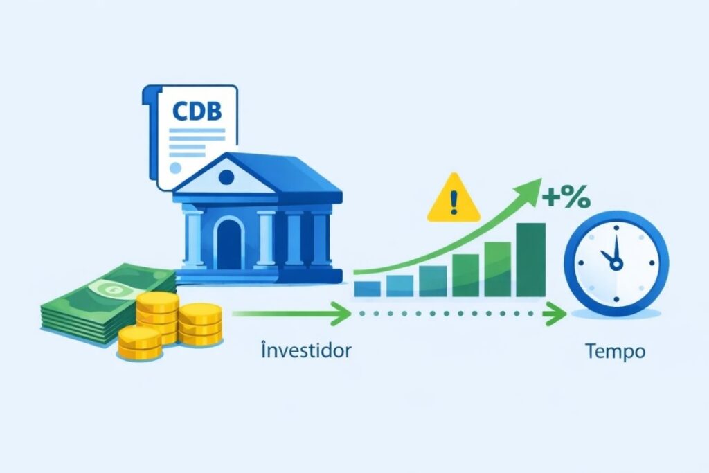 Fluxo que explica como funciona o investimento em CDB, mostrando a relação entre investidor, banco, prazo e rentabilidade, com alerta para possíveis riscos ao longo do tempo.