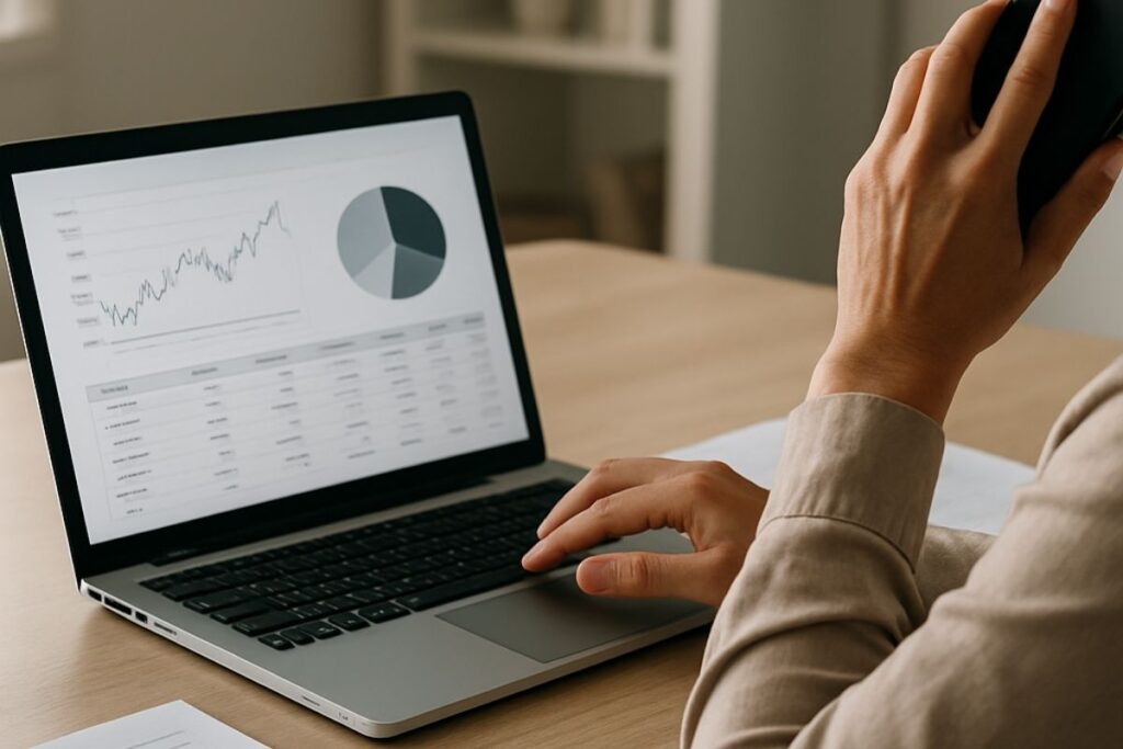 Pessoa analisando investimentos no notebook e no celular, com gráficos financeiros na tela, representando o passo a passo para migrar investimentos de um banco para uma corretora de valores com mais controle e estratégia.
