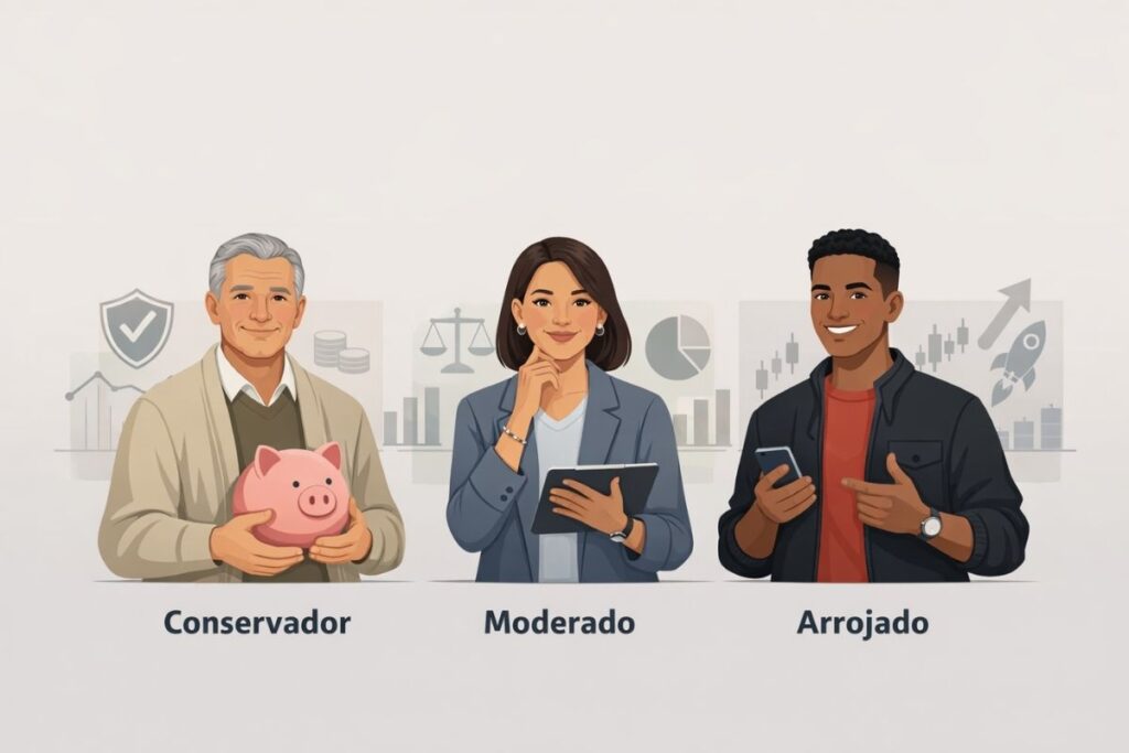 Ilustração humanizada sobre perfil de investidor, mostrando os três tipos: conservador, moderado e arrojado. A imagem representa decisões de investimento em renda fixa e renda variável, com gráficos financeiros, crescimento patrimonial e planejamento financeiro ao fundo.
