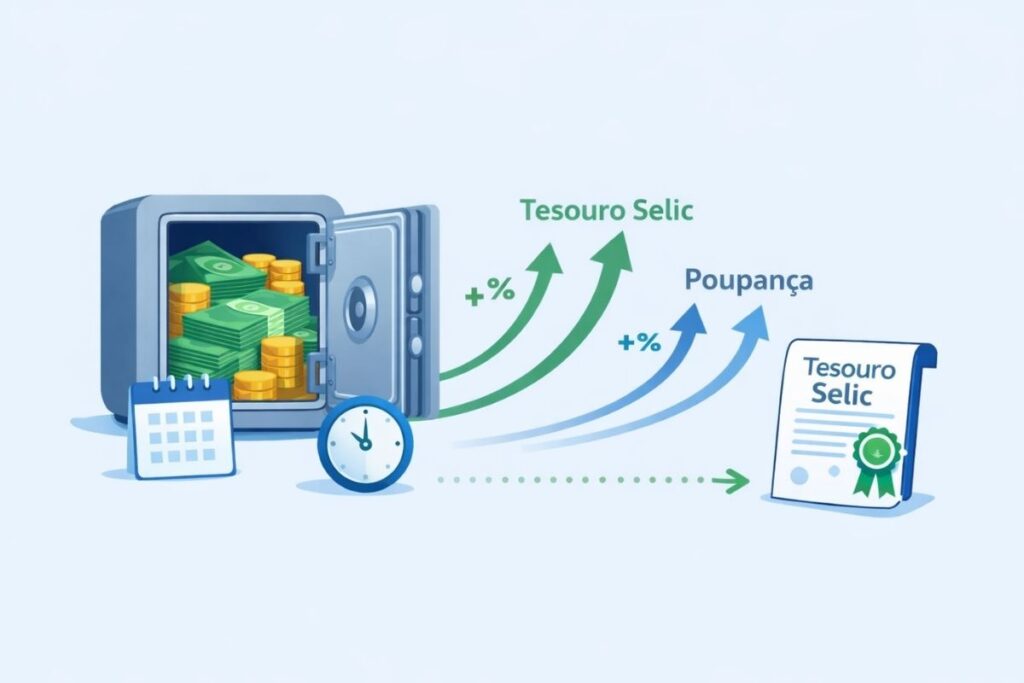 Comparação entre Tesouro Selic e poupança como reserva de emergência, destacando segurança, liquidez e maior potencial de rentabilidade ao longo do tempo.