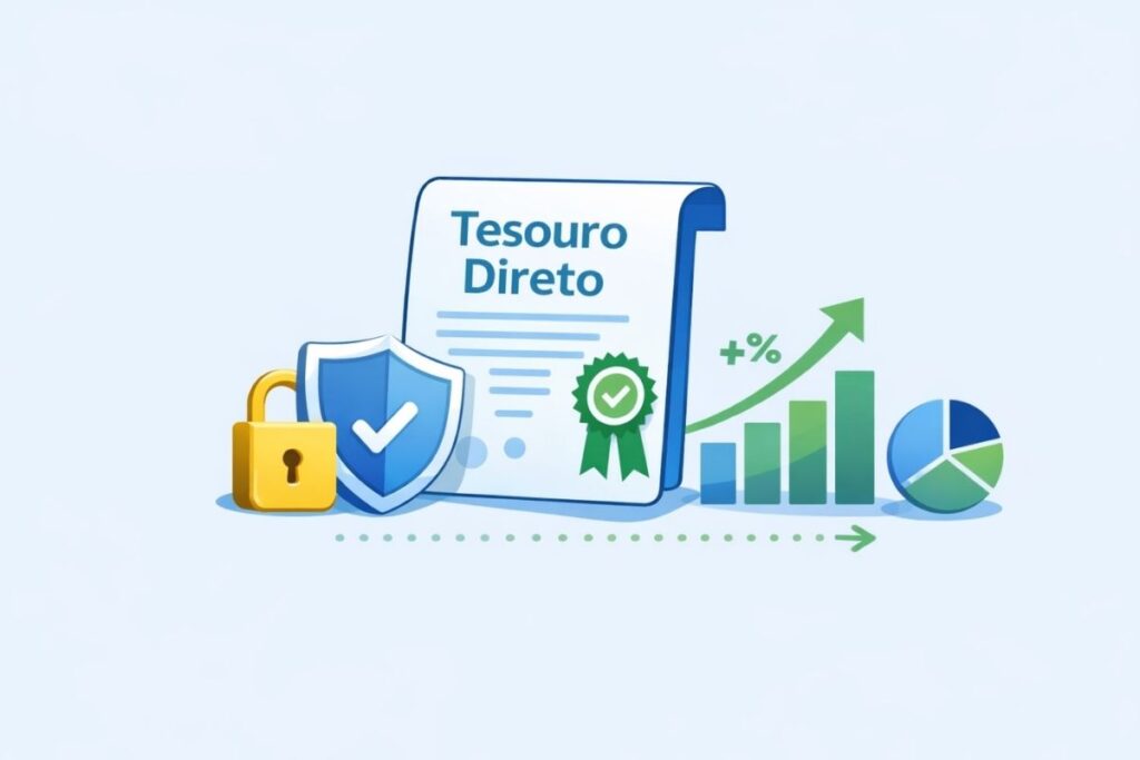 Representação do Tesouro Direto como investimento seguro e acessível, destacando proteção, crescimento gradual e diversificação para o investidor.
