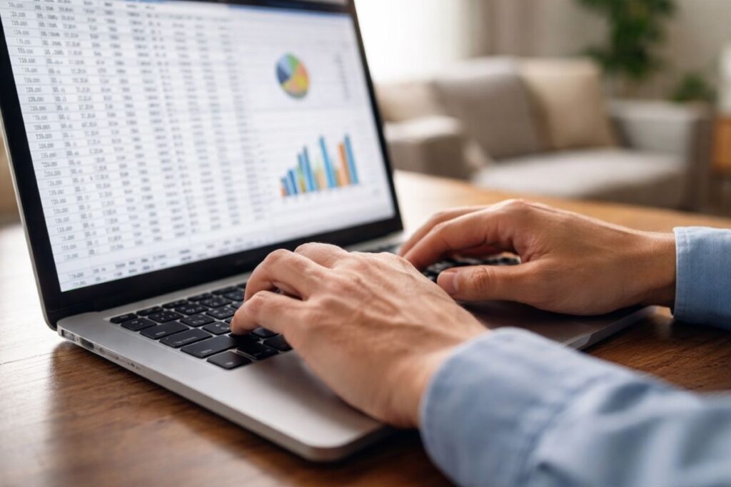 “Mãos digitando em notebook com planilha financeira aberta, analisando dados e gráficos para controle financeiro pessoal e organização do orçamento doméstico em casa.