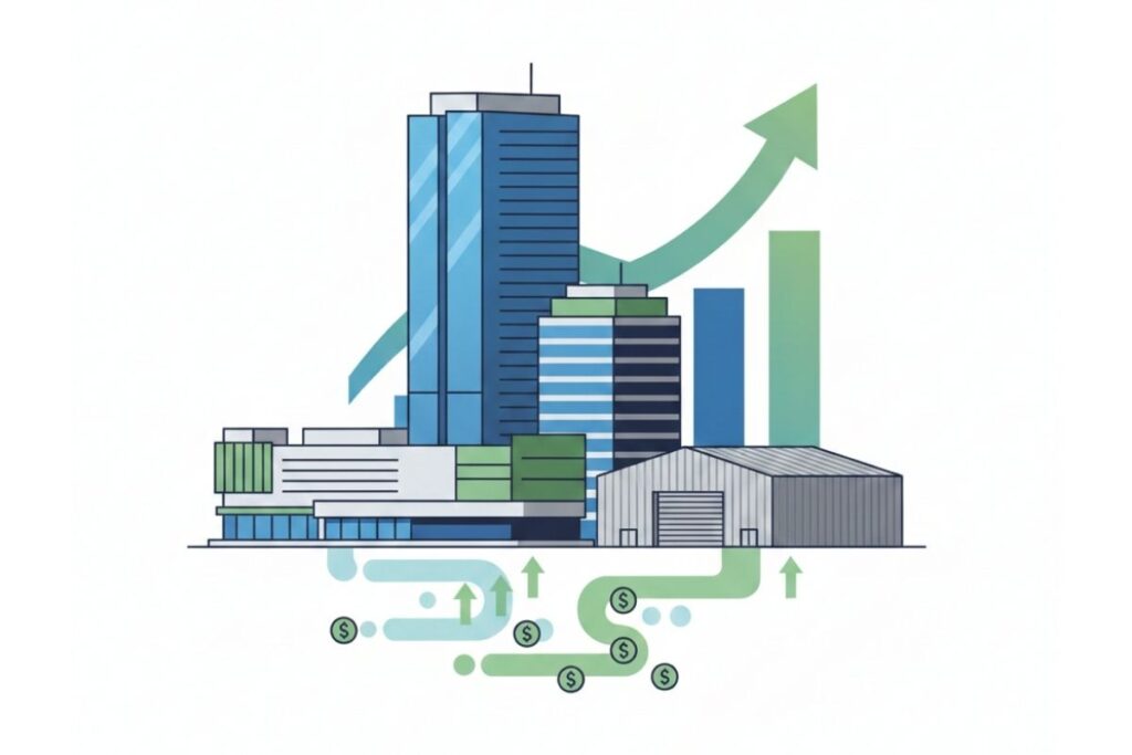 Ilustração que representa fundos imobiliários como forma de investimento para gerar renda passiva mensal e crescimento patrimonial sem a compra direta de imóveis.