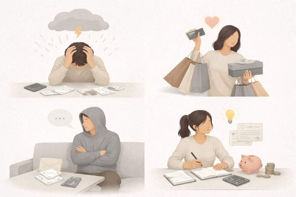 Ilustração mostrando diferentes comportamentos financeiros — estresse com contas, consumo por impulso, evasão e planejamento — representando sua relação com o dinheiro.