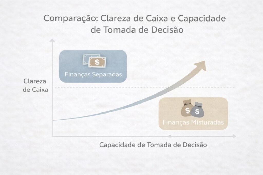 Um gráfico comparando clareza de caixa e capacidade de tomada de decisão em empreendedores que separam e que misturam finanças pessoais e empresariais.