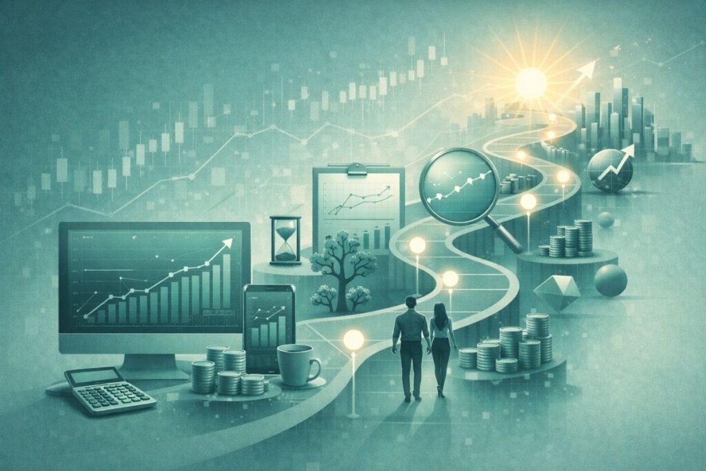 Ilustração conceitual sobre cálculo financeiro e projeções para alcançar a independência financeira.