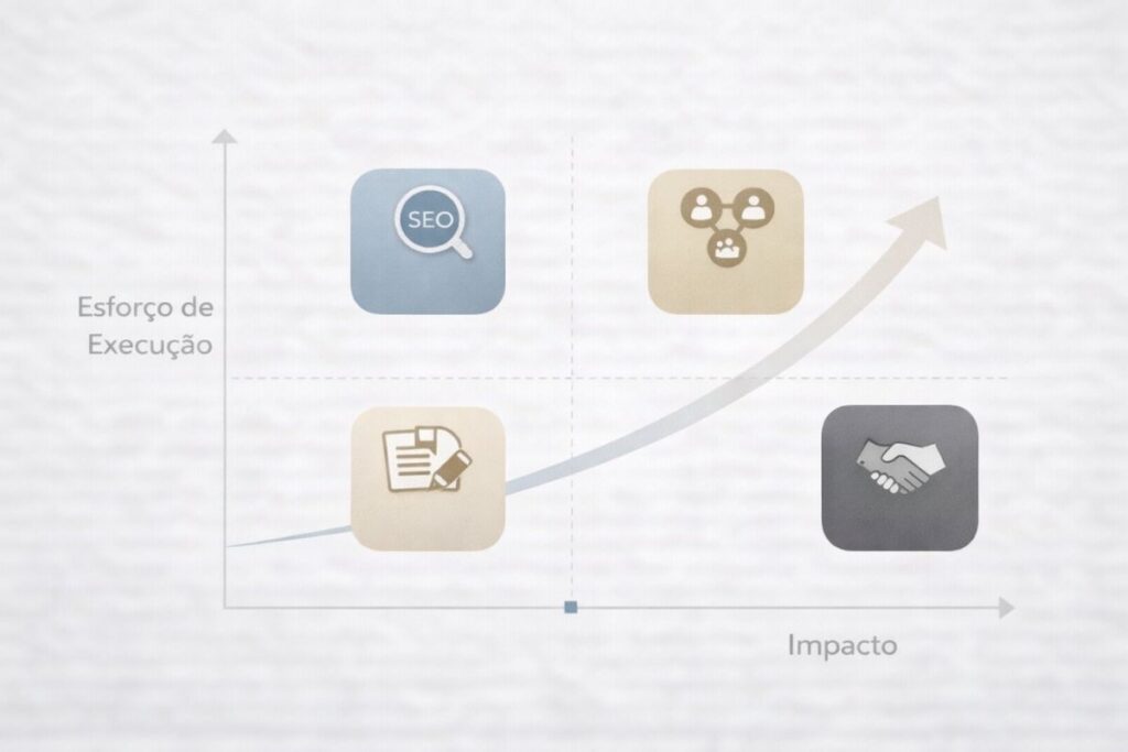 Um gráfico comparando esforço de execução e impacto de diferentes estratégias de marketing gratuito.