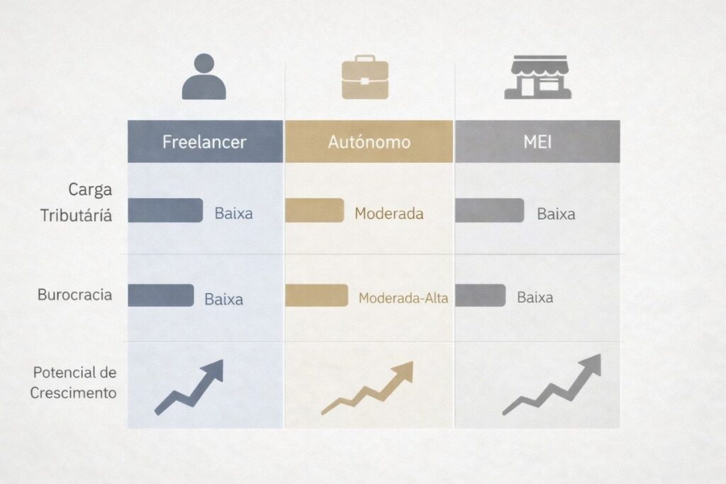Um gráfico comparando carga tributária, burocracia e potencial de crescimento entre freelancer, autônomo e MEI.