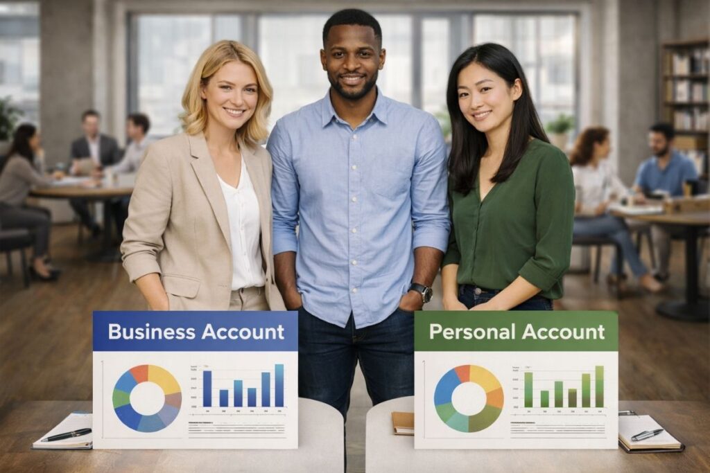Comparação entre contas pessoais e empresariais para organização financeira.