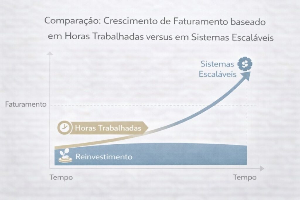 Um gráfico comparando crescimento de faturamento baseado em horas trabalhadas versus crescimento baseado em sistemas escaláveis.