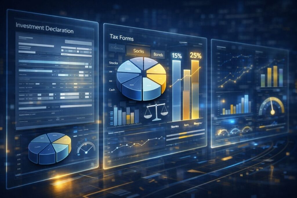 Interface digital futurista com dados de declaração de investimentos e impostos.