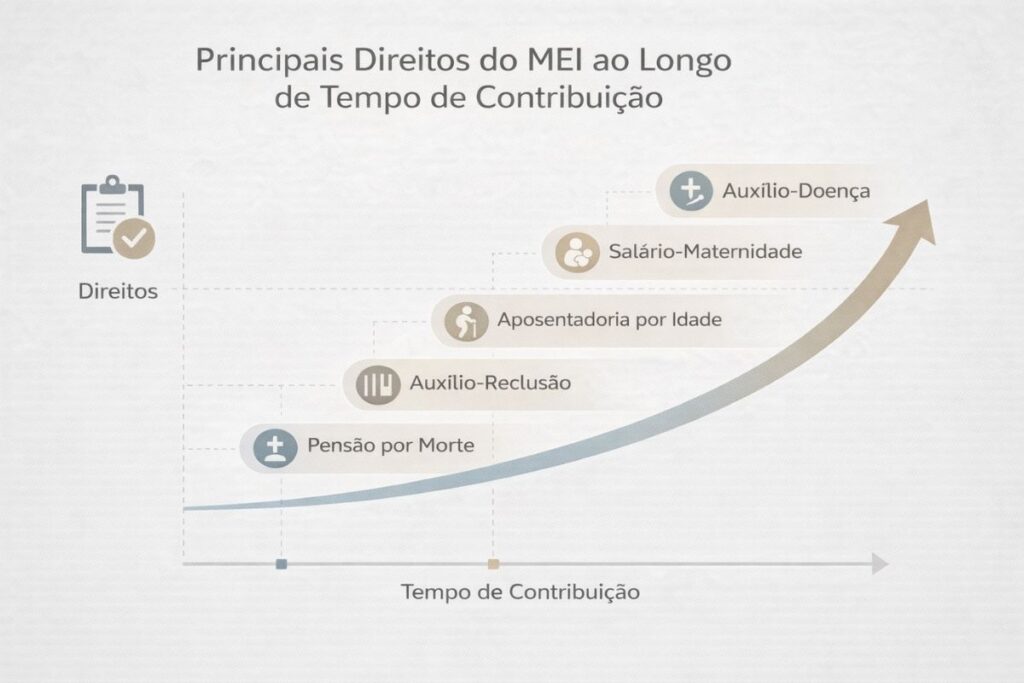 Um gráfico mostrando os principais direitos do MEI ao longo do tempo de contribuição.
