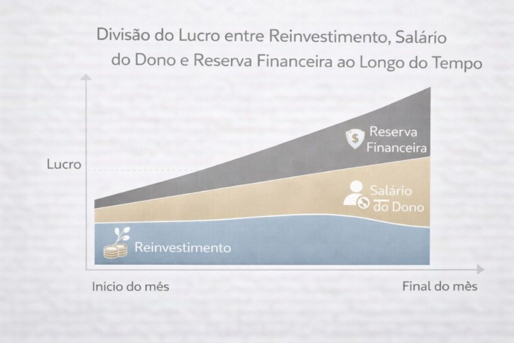 Um gráfico mostrando a divisão do lucro entre reinvestimento, salário do dono e reserva financeira ao longo do tempo.