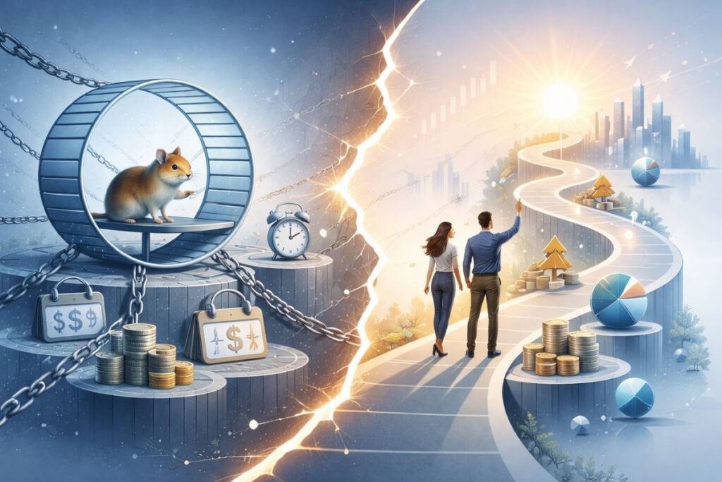 Ilustração futurista representando a corrida dos ratos e a busca pela independência financeira.