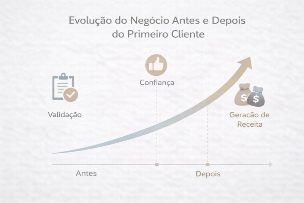 Um gráfico mostrando a evolução do negócio antes e depois do primeiro cliente, com foco em validação, confiança e geração de receita.