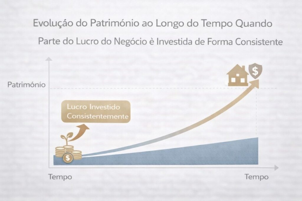 Um gráfico mostrando a evolução do patrimônio ao longo do tempo quando parte do lucro do negócio é investida de forma consistente.