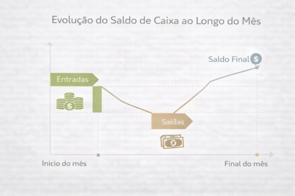 Um gráfico mostrando a evolução do saldo de caixa ao longo do mês, destacando entradas, saídas e saldo final.