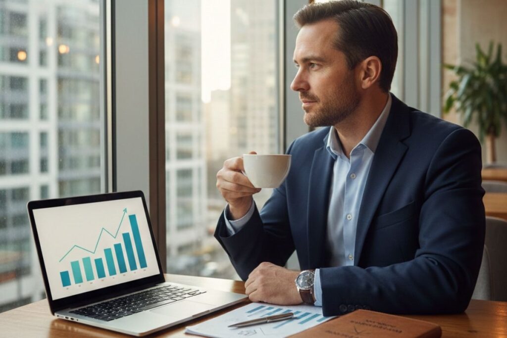 Homem profissional sentado em escritório moderno com vista urbana, segurando uma xícara de café enquanto analisa gráficos de crescimento em um notebook, representando investimentos em fundos imobiliários, renda mensal previsível e planejamento financeiro de longo prazo.