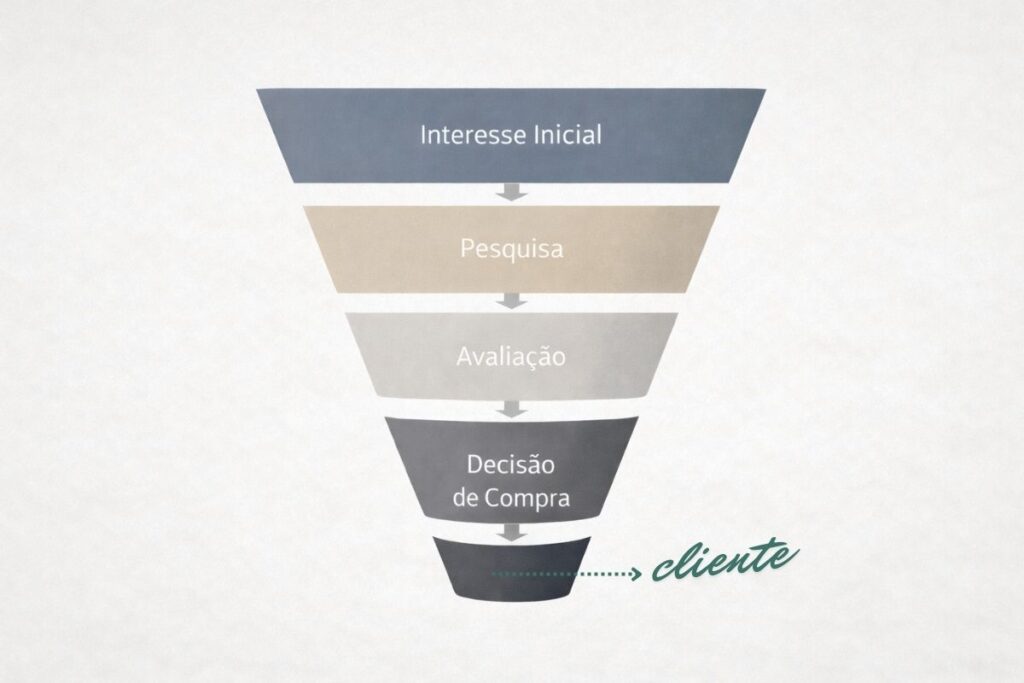 Um gráfico mostrando o funil de validação de uma ideia de negócio, desde interesse inicial até decisão de compra.