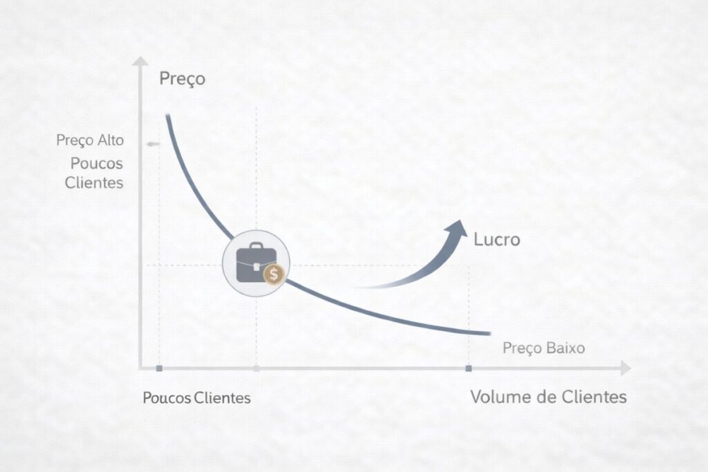 Um gráfico mostrando a relação entre preço, volume de clientes e lucro em negócios de prestação de serviços.