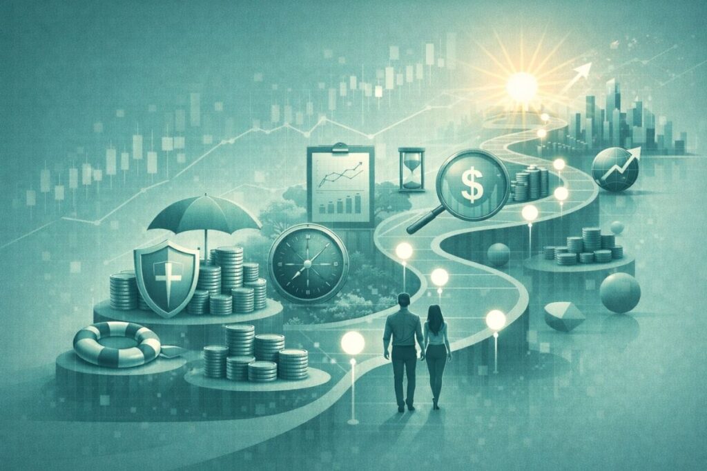 Ilustração futurista representando a regra dos 4% e o planejamento sustentável da aposentadoria.