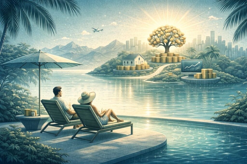 Ilustração conceitual sobre vida pós-trabalho e independência financeira sustentável.