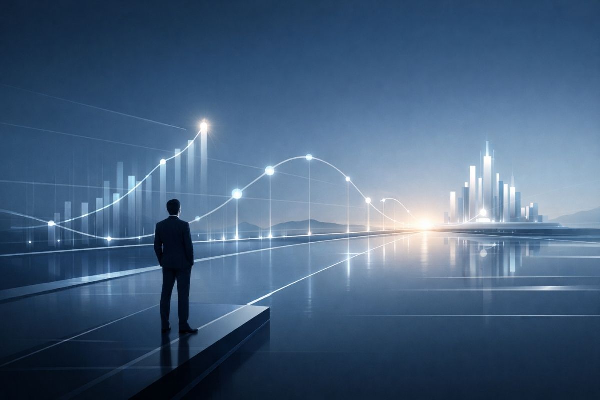 Ilustração futurista representando independência financeira, com horizonte financeiro de longo prazo, estabilidade e liberdade econômica.