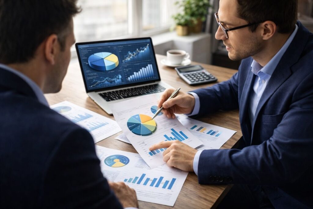 Montagem de carteira com alocação de ativos sendo analisada entre investidor e consultor.