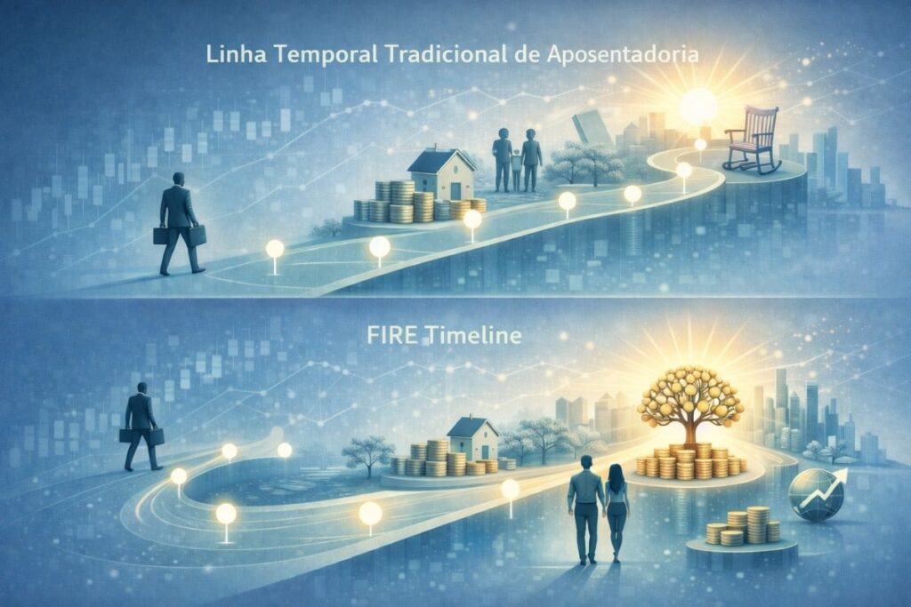 Ilustração conceitual comparando aposentadoria tradicional e movimento FIRE com caminhos temporais diferente.
