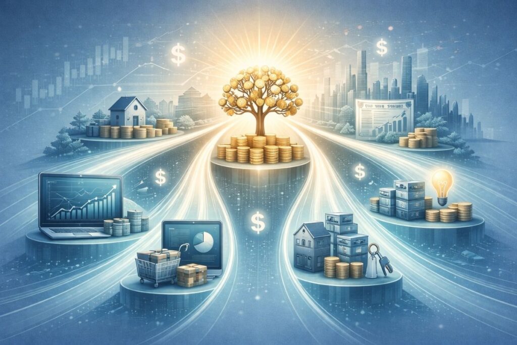 Ilustração conceitual sobre múltiplas fontes de renda passiva e independência financeira.