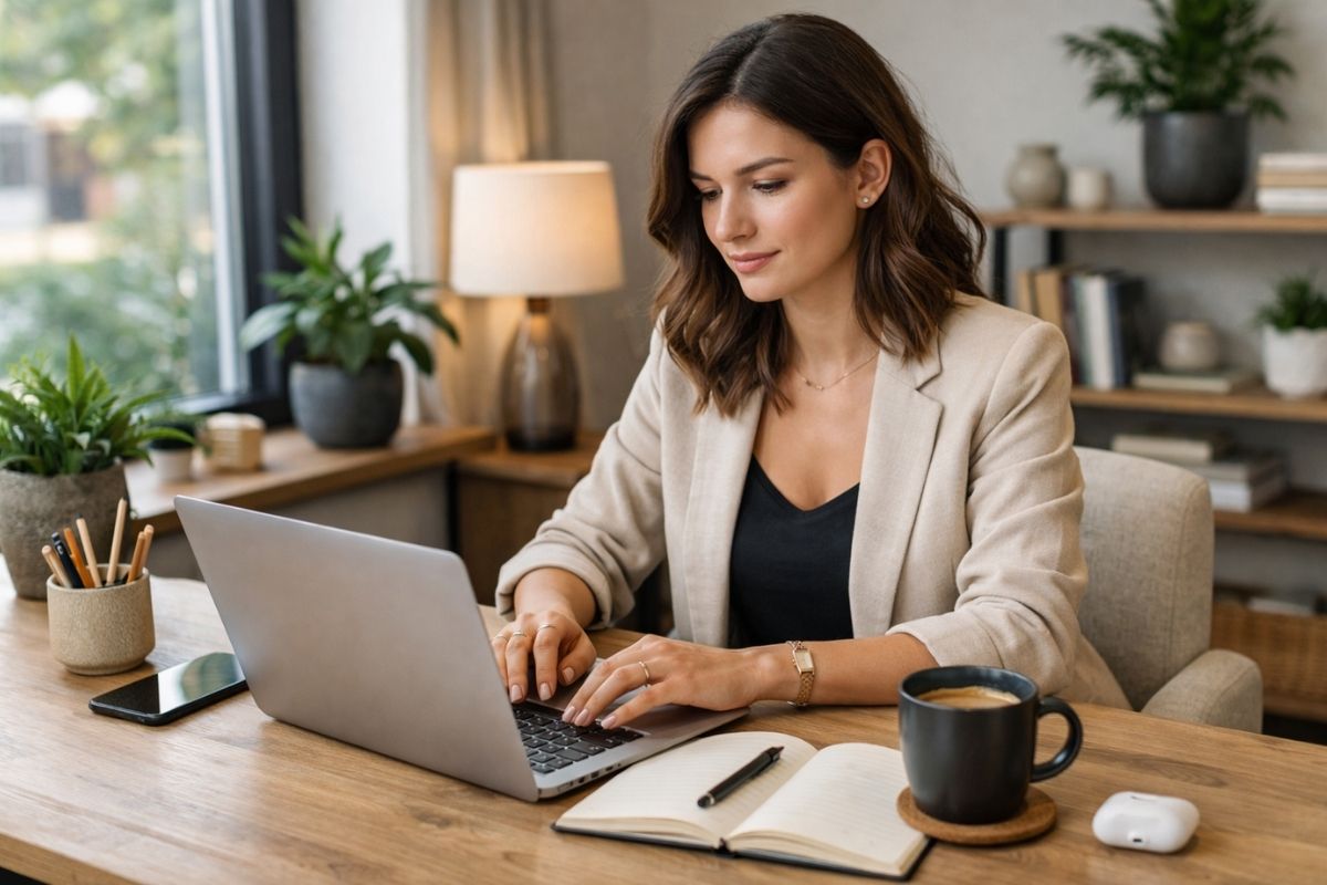 Empreendedora trabalhando em negócios digitais de baixo custo em casa.