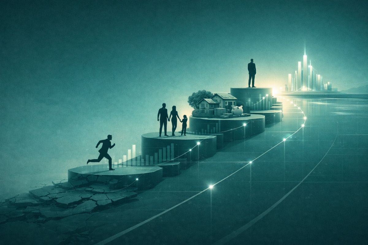 Ilustração futurista mostrando os níveis da independência financeira como degraus de evolução financeira.