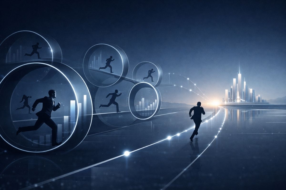 Ilustração futurista representando a corrida dos ratos e a busca pela independência financeira.