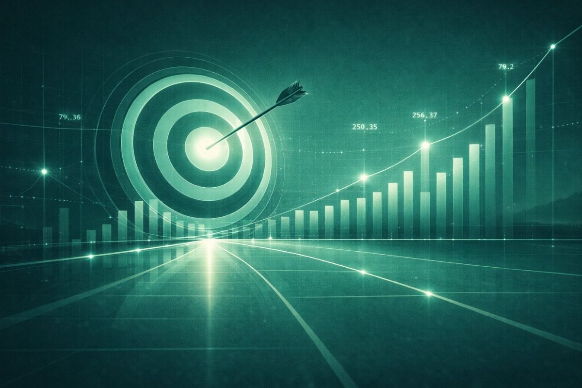 Ilustração futurista representando o cálculo do número da independência financeira com planejamento de longo prazo.