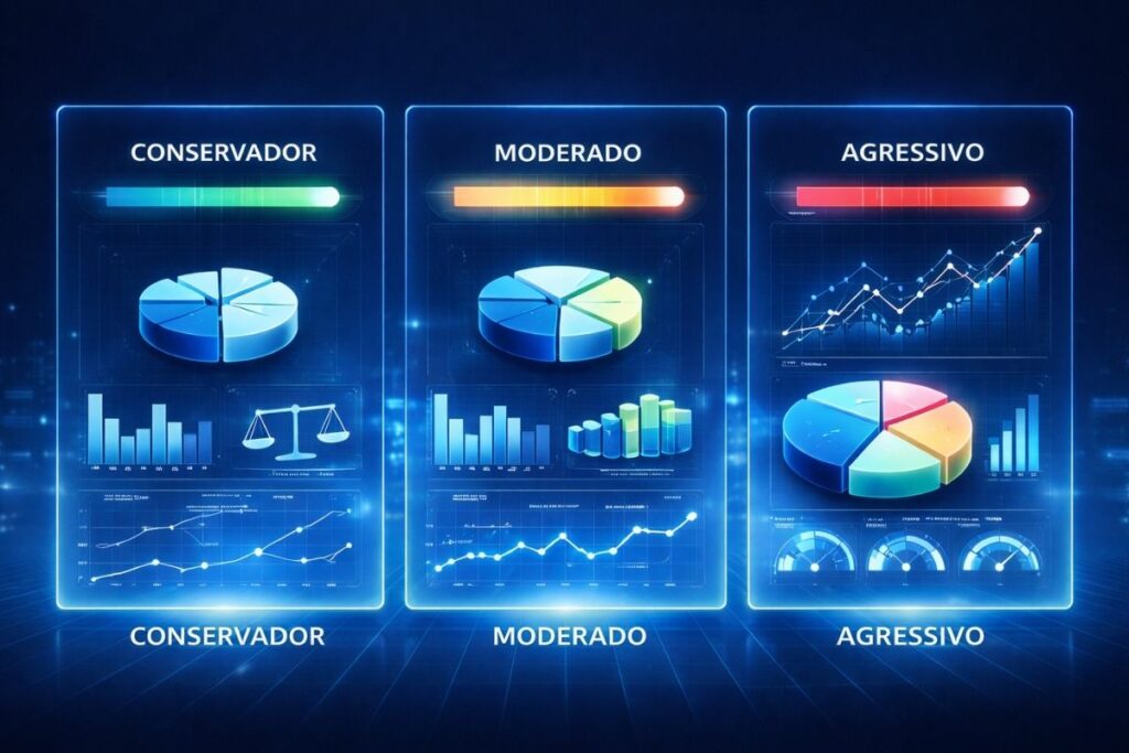 Representação visual dos tipos de perfil de investidor com níveis de risco e alocação de ativos.