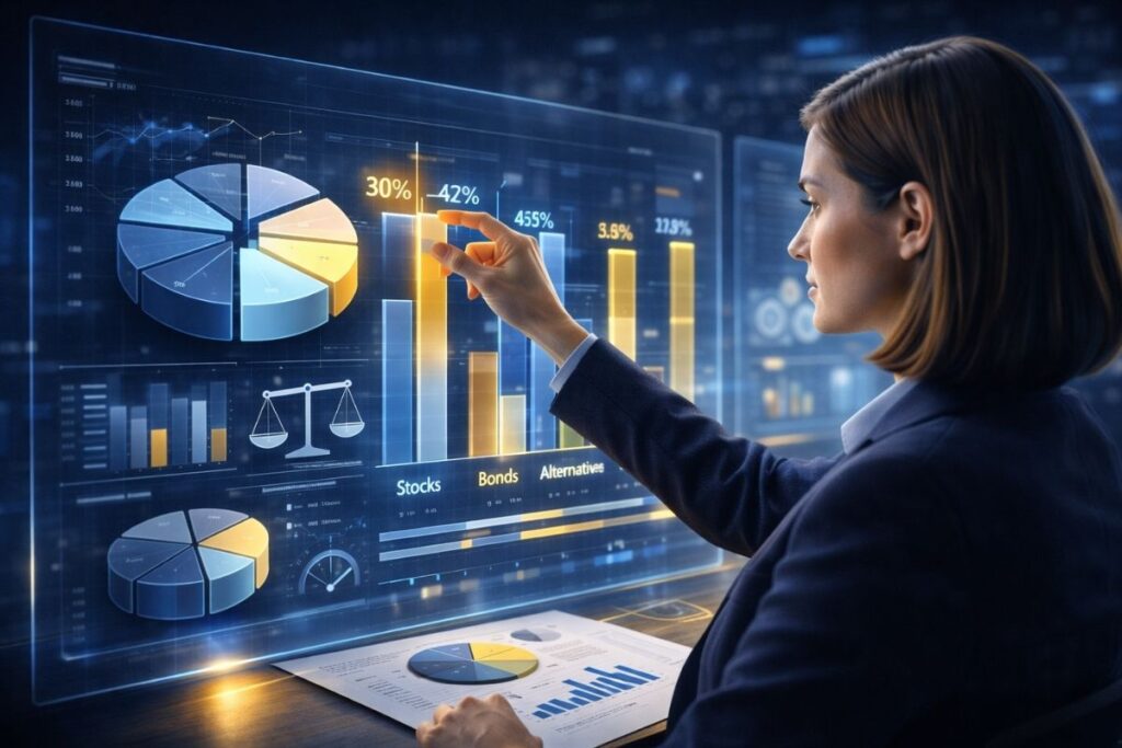 Analista mulher ajustando alocação de ativos em painel digital futurista