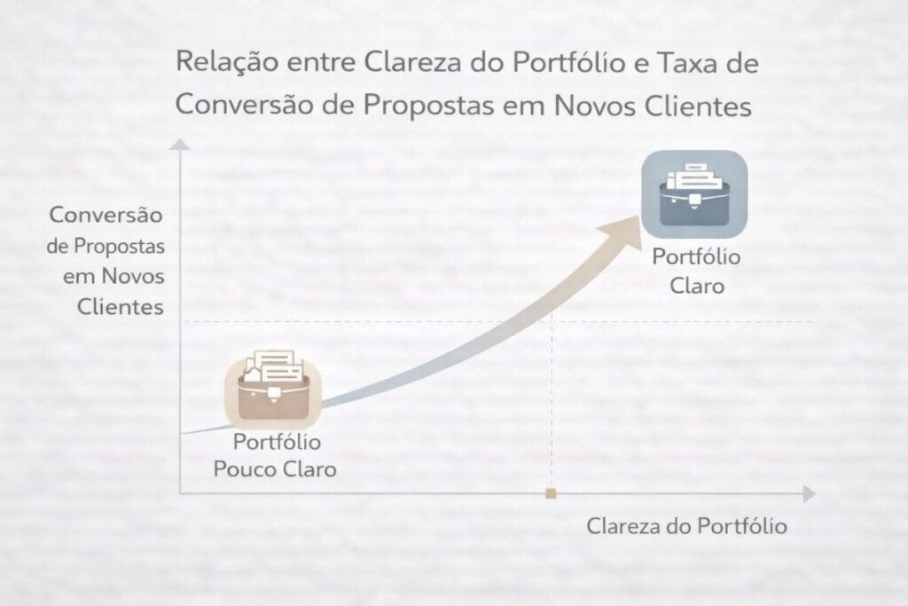 Um gráfico mostrando a relação entre clareza do portfólio e taxa de conversão de propostas em novos clientes.