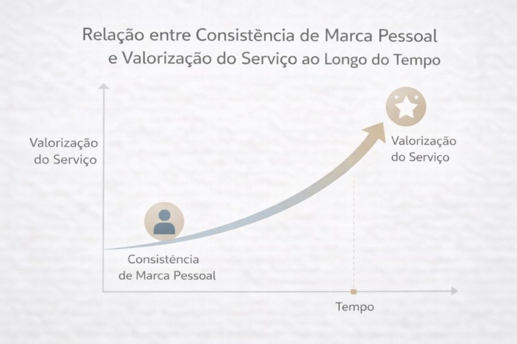 Um gráfico mostrando a relação entre consistência de marca pessoal e valorização do serviço ao longo do tempo.