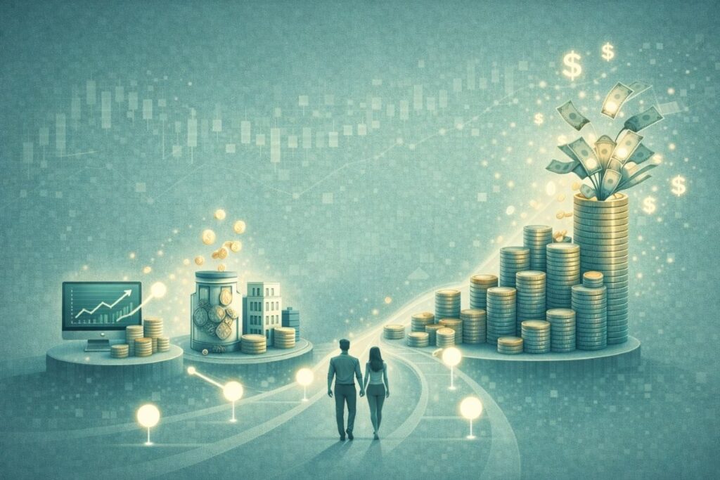 Ilustração futurista representando a construção de renda passiva por meio de dividendos e crescimento exponencial no longo prazo.