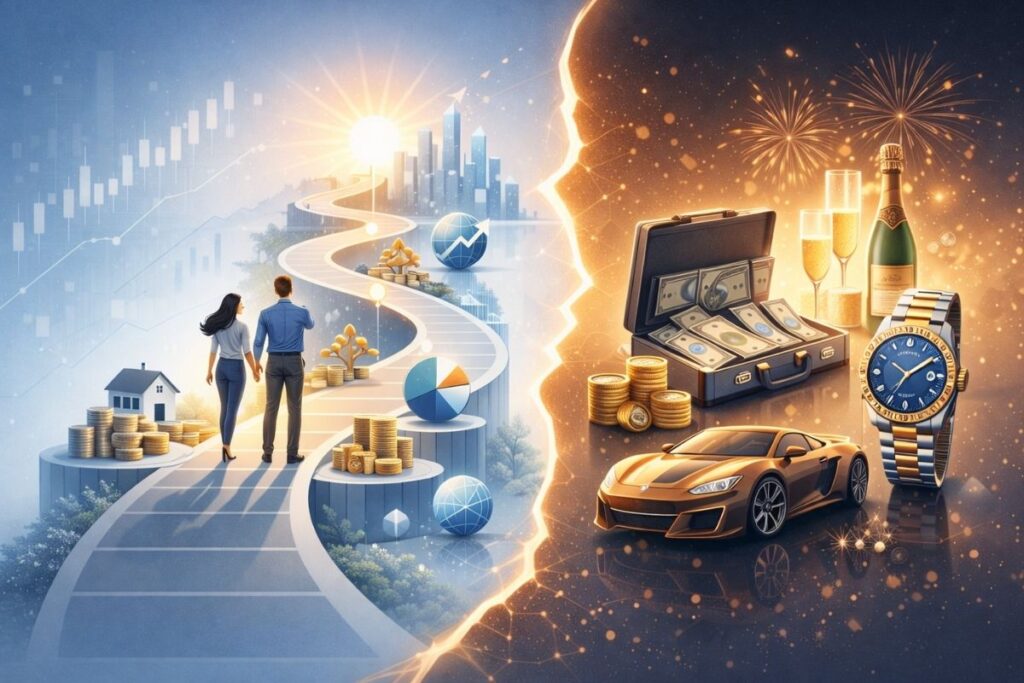 Ilustração futurista comparando riqueza e independência financeira, destacando estabilidade de longo prazo.